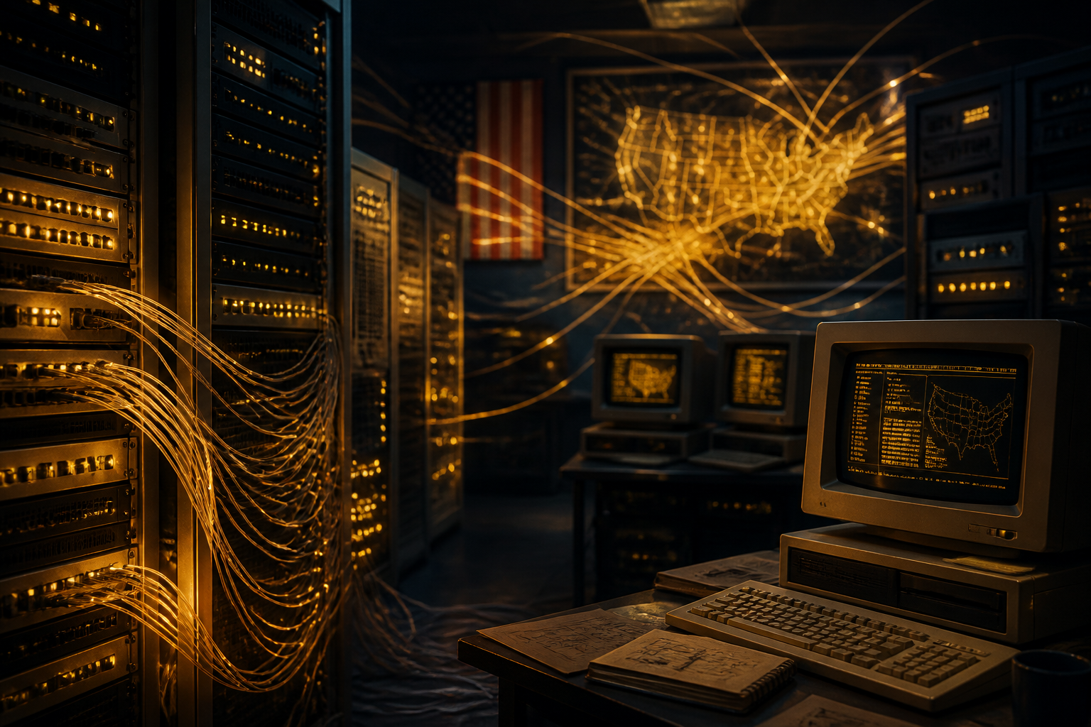 Glowing servers and early computers of the Internet revolution