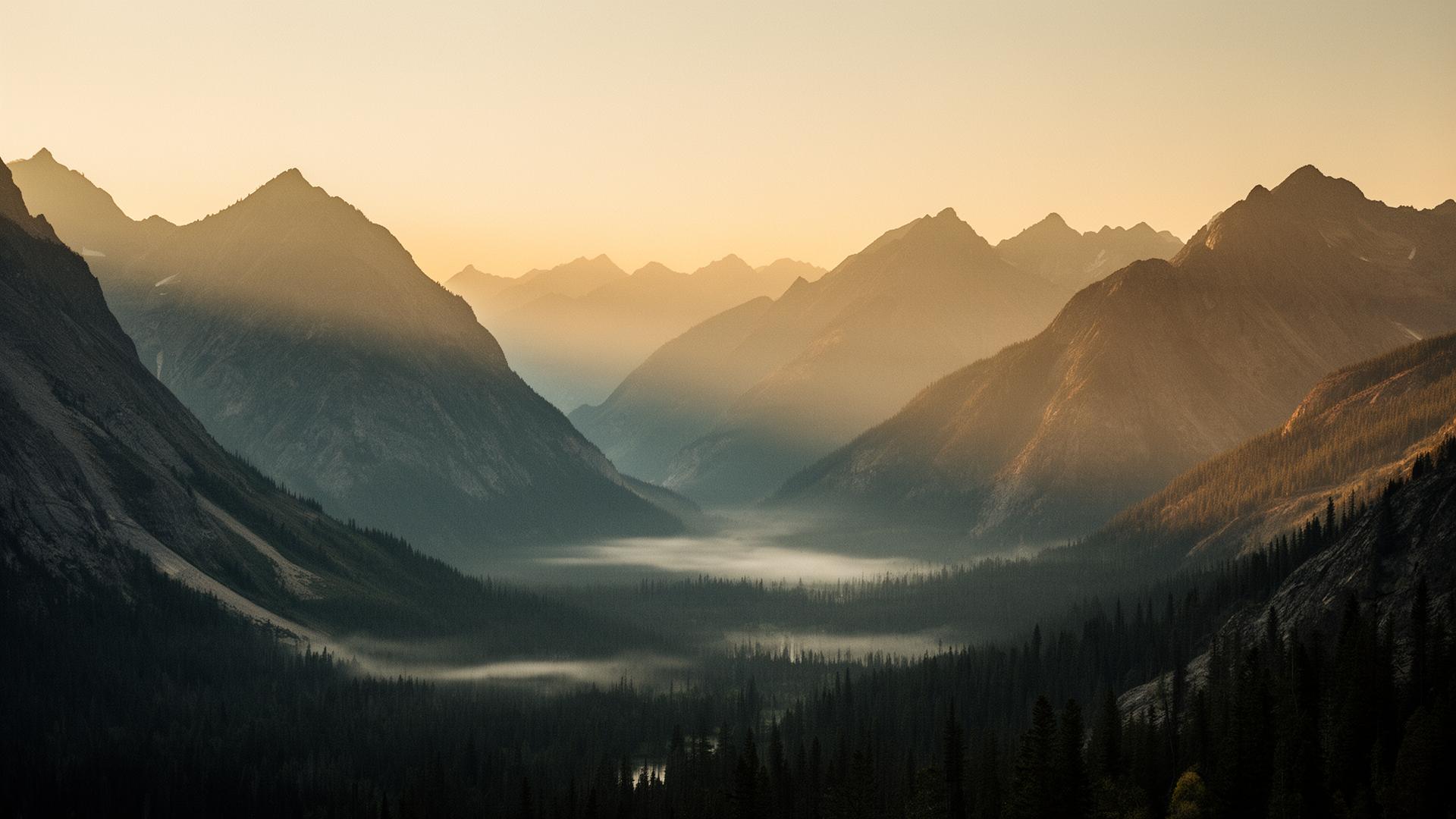 Misty mountain valley at dawn in an American national park